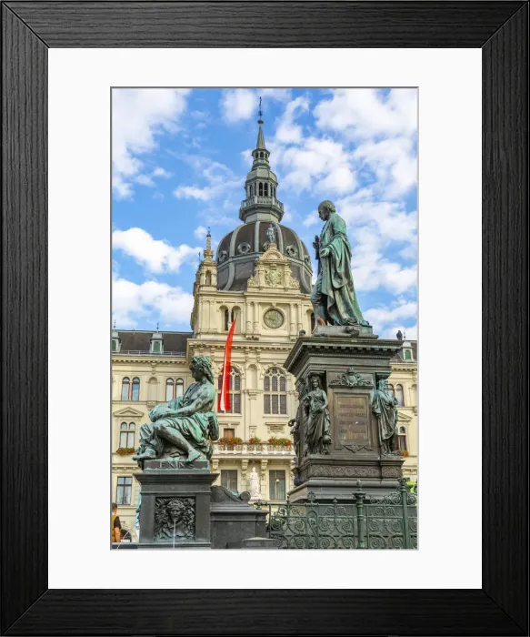 Framed Print : View of Erzherzog-Johann-Brunnen and the Rathaus visible in background, Graz, Styria Framed Print : View of Erzherzog-Johann-Brunnen and the Rathaus visible in background, Graz, Styria
