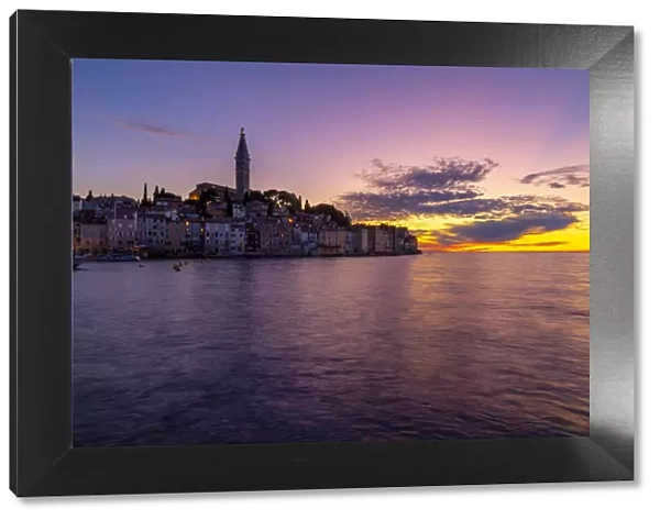 View of Old Town and Cathedral of St. Euphemia after sunset, Rovinj, Istria, Croatia