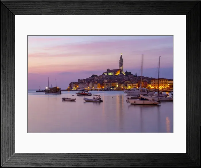 Framed Print : View of harbour and the old town with the Cathedral of St. Euphemia at dusk, Rovinj Framed Print : View of harbour and the old town with the Cathedral of St. Euphemia at dusk, Rovinj