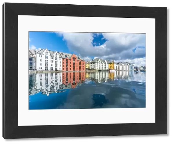 Art Nouveau styled houses mirrored in Brosundet canal, Alesund, More og Romsdal county
