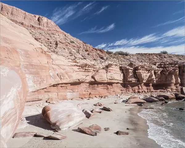 Red sandstone cliffs at Puerto Gato, Baja California Sur, Mexico, North America