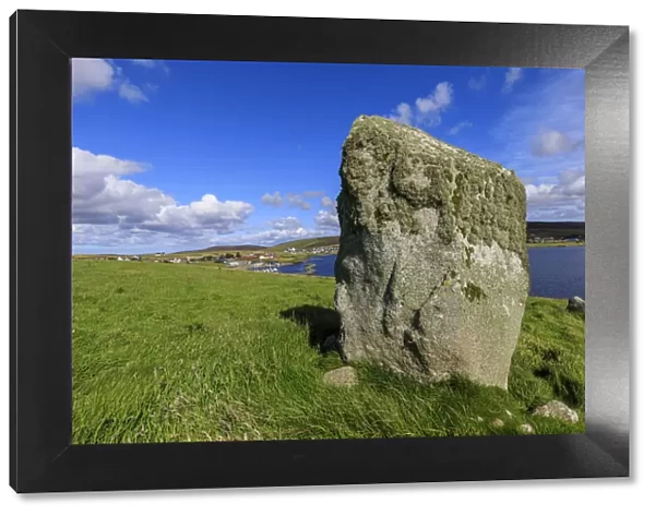 Busta Brae, Standing Stone, cloudscape and coastal views, beautiful day, Busta Voe