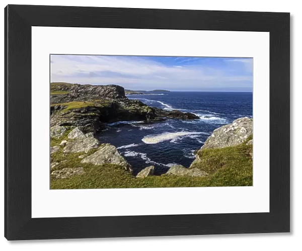 Isle of Fethaland, frothy sea, dramatic coast, view South to Isle of Uyea, North Roe