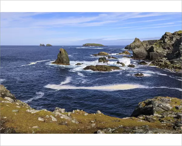 Isle of Fethaland, frothy sea, stacks, cliffs, Isle of Gruney, Ramna Stacks, North Roe