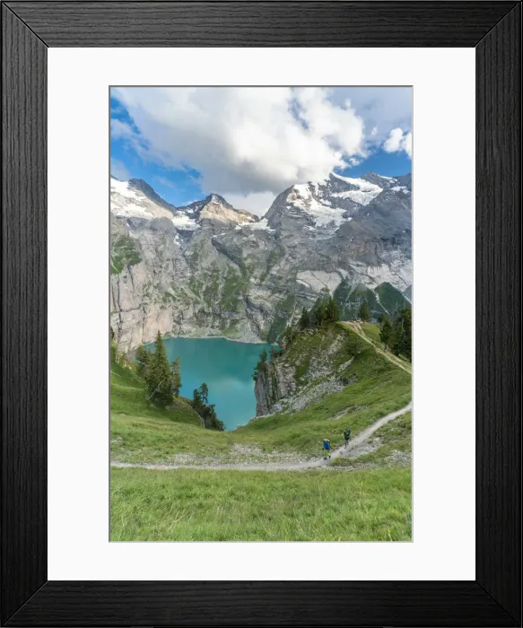 Framed Print : High angle view of two hikers walking on path above Oeschinensee lake, Bernese Oberland Framed Print : High angle view of two hikers walking on path above Oeschinensee lake, Bernese Oberland