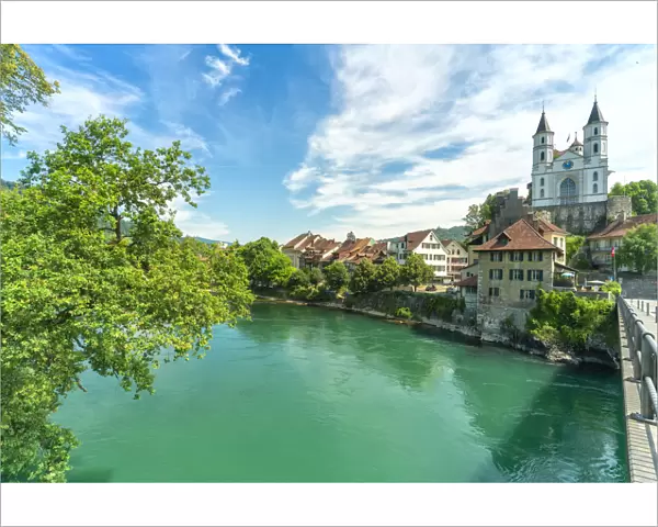 Neo-Gothic church on hilltop along Aare River, Aarburg, Canton of Aargau, Switzerland