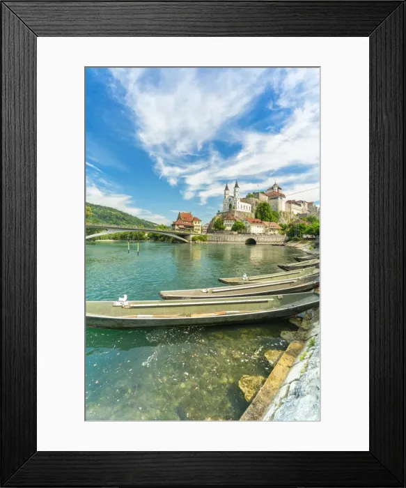 Framed Print : Boats moored in Aare River with Aarburg Castle in background, Aarburg, Canton of Aargau Framed Print : Boats moored in Aare River with Aarburg Castle in background, Aarburg, Canton of Aargau