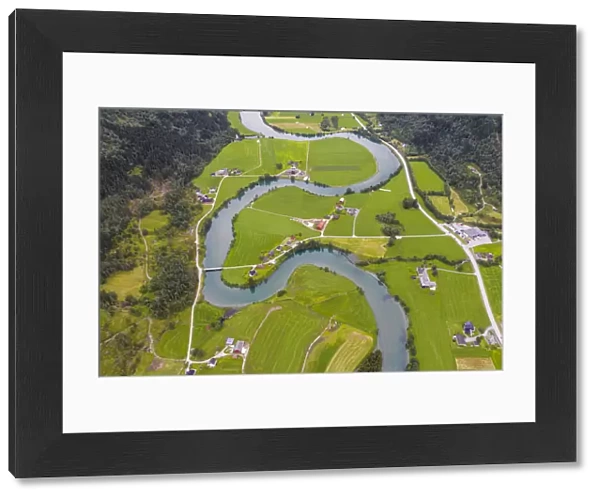 Aerial view of the winding course of Stryneelva river, Stryn, Nordfjorden, Sogn og