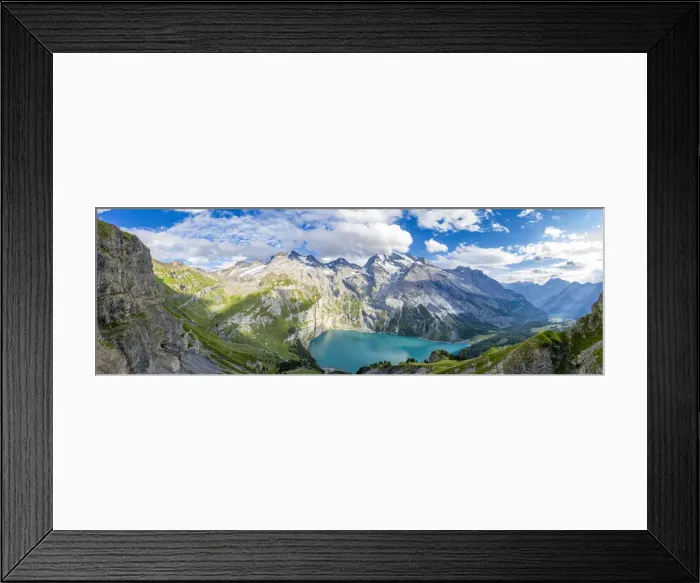 Framed Print : Aerial panoramic of Oeschinensee lake surrounded by woods in summer, Bernese Oberland Framed Print : Aerial panoramic of Oeschinensee lake surrounded by woods in summer, Bernese Oberland