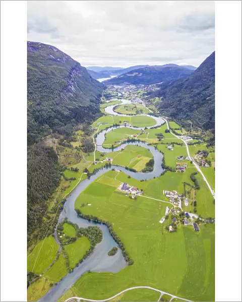Aerial panoramic of serpentine shape of Stryneelva river, Stryn, Nordfjorden, Sogn