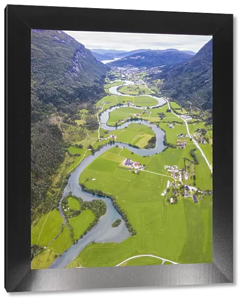 Aerial panoramic of serpentine shape of Stryneelva river, Stryn, Nordfjorden, Sogn
