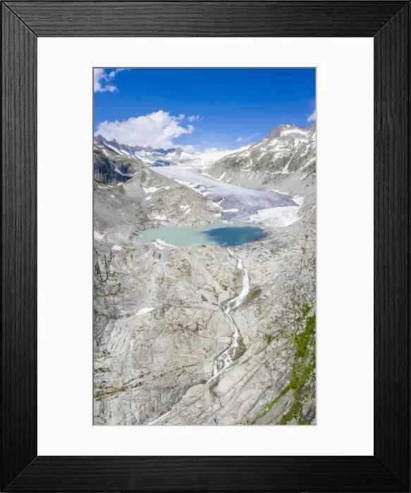 Framed Print : Aerial panoramic of Rhone Glacier and glacial lake at its base, Gletsch, Canton of Valais Framed Print : Aerial panoramic of Rhone Glacier and glacial lake at its base, Gletsch, Canton of Valais
