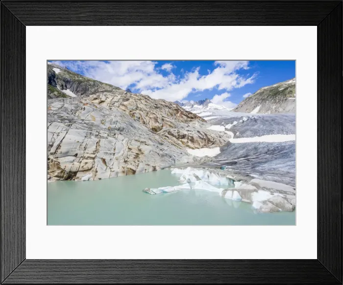 Framed Print : Rhone Glacier and glacial lake at its base in summer, aerial view, Gletsch, Canton Framed Print : Rhone Glacier and glacial lake at its base in summer, aerial view, Gletsch, Canton