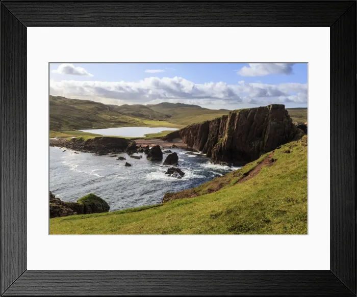 Framed Print : North Ham Bay, deep inlet, elevated view, red granite cliffs, stacks, Town Loch, Muckle Framed Print : North Ham Bay, deep inlet, elevated view, red granite cliffs, stacks, Town Loch, Muckle
