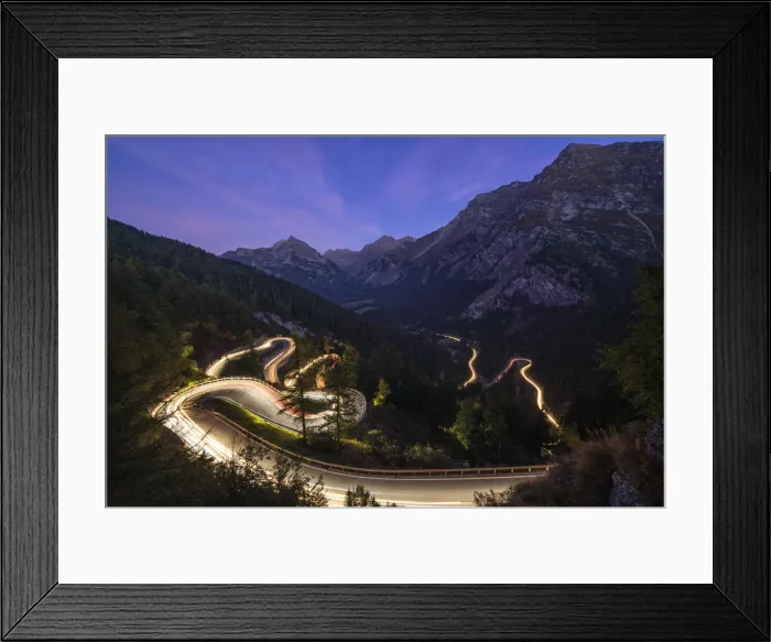 Framed Print : Car trails lights on narrow bends of Maloja Pass mountain road, Engadine, Canton of Framed Print : Car trails lights on narrow bends of Maloja Pass mountain road, Engadine, Canton of