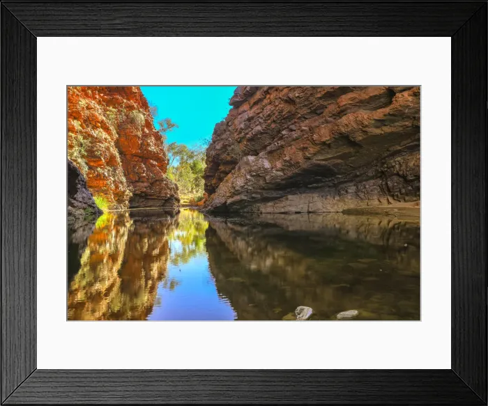 Framed Print : Scenic Simpsons Gap and permanent waterhole reflecting the cliffs in West MacDonnell Framed Print : Scenic Simpsons Gap and permanent waterhole reflecting the cliffs in West MacDonnell