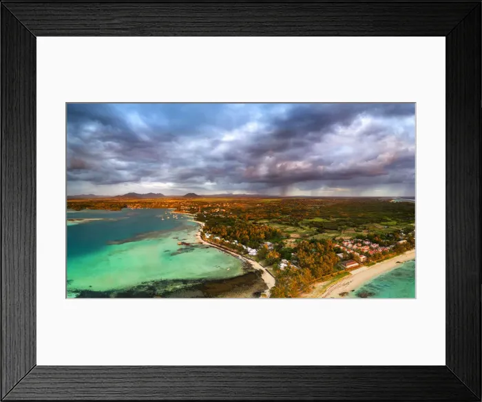 Framed Print : Dramatic sky at dawn over Trou d Eau Douce coastline, aerial view, Flacq district Framed Print : Dramatic sky at dawn over Trou d Eau Douce coastline, aerial view, Flacq district