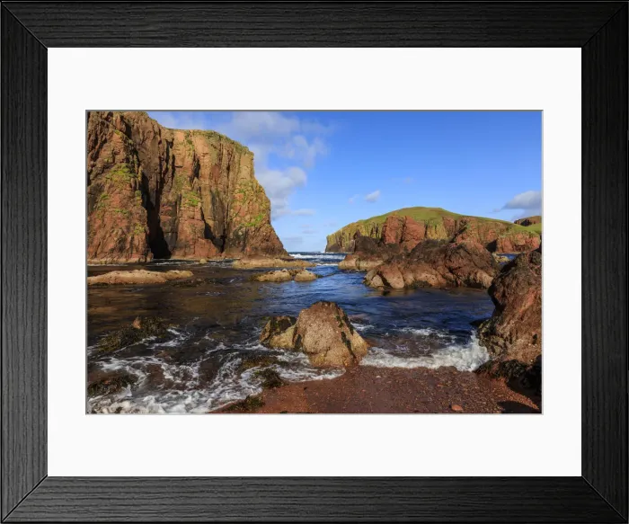 Framed Print : North Ham Bay, deep inlet, lichen covered red granite cliffs and stacks, seaweed Framed Print : North Ham Bay, deep inlet, lichen covered red granite cliffs and stacks, seaweed