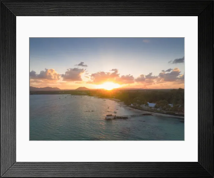 Framed Print : African sunset over tropical lagoon and pier, aerial view, Trou d Eau Douce, Flacq Framed Print : African sunset over tropical lagoon and pier, aerial view, Trou d Eau Douce, Flacq