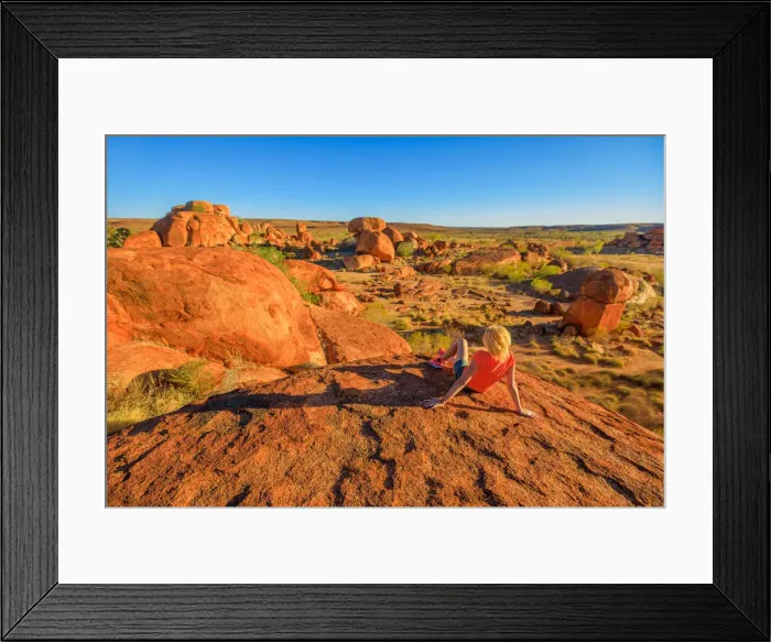 Framed Print : Tourist woman on the top view of Karlu Karlu (Devils Marbles) Conservation Reserve Framed Print : Tourist woman on the top view of Karlu Karlu (Devils Marbles) Conservation Reserve