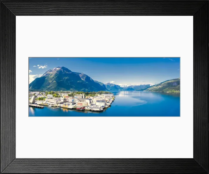 Framed Print : Aerial panoramic by drone of Andalsnes town and fjord, Rauma municipality, More og Framed Print : Aerial panoramic by drone of Andalsnes town and fjord, Rauma municipality, More og
