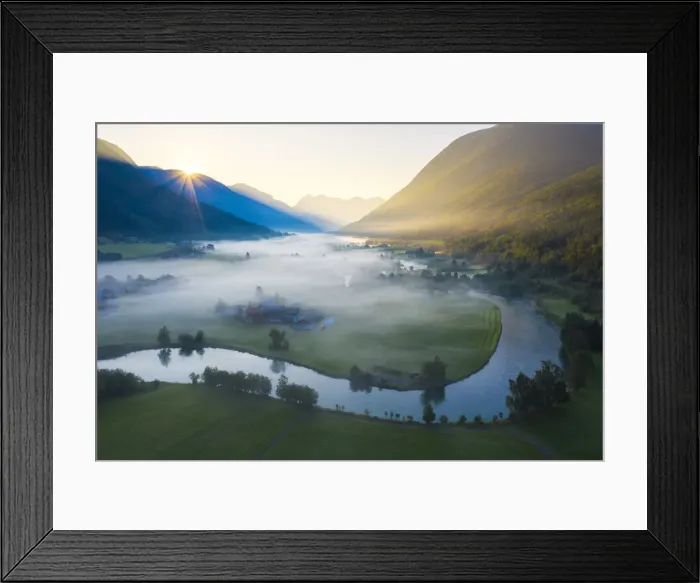 Framed Print : Mist over the cultivated fields along Stryneelva river, aerial view, Stryn, Nordfjorden Framed Print : Mist over the cultivated fields along Stryneelva river, aerial view, Stryn, Nordfjorden