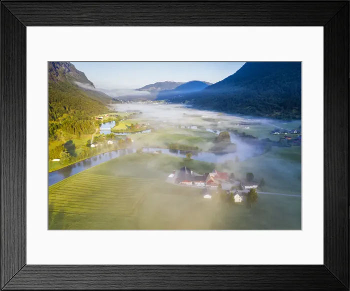 Framed Print : Fog over farms and fields along Stryneelva river, aerial view, Stryn, Nordfjorden Framed Print : Fog over farms and fields along Stryneelva river, aerial view, Stryn, Nordfjorden