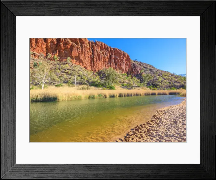 Framed Print : White sand at shoreline of waterhole at Glen Helen Gorge on Finke River in the dry season Framed Print : White sand at shoreline of waterhole at Glen Helen Gorge on Finke River in the dry season