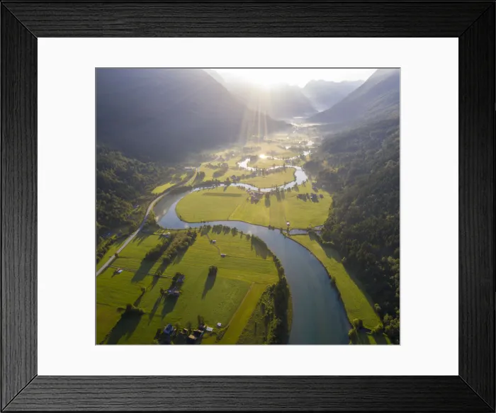 Framed Print : Aerial panoramic of Stryneelva river and fields during a misty sunrise, Stryn, Nordfjorden Framed Print : Aerial panoramic of Stryneelva river and fields during a misty sunrise, Stryn, Nordfjorden