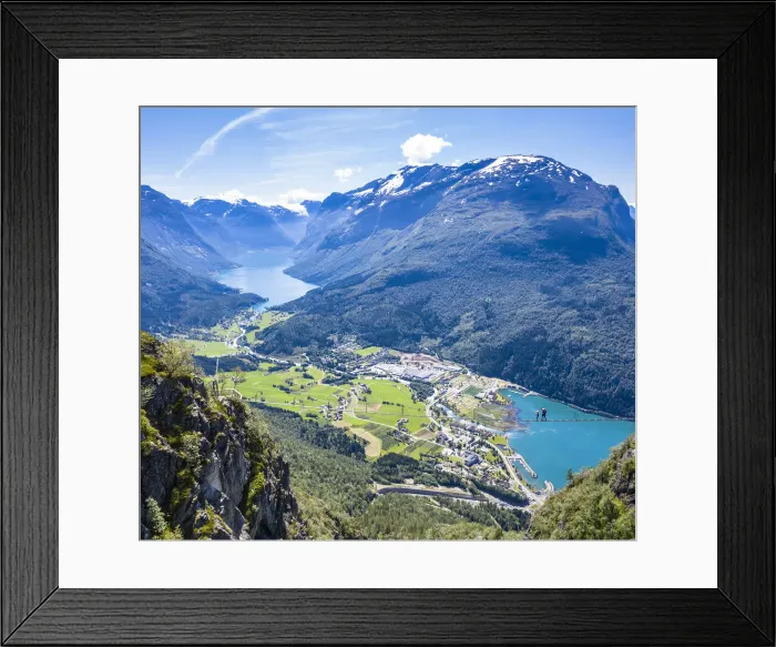 Framed Print : Aerial view of hikers on suspension bridge on Via Ferrata high up above the fjord Framed Print : Aerial view of hikers on suspension bridge on Via Ferrata high up above the fjord