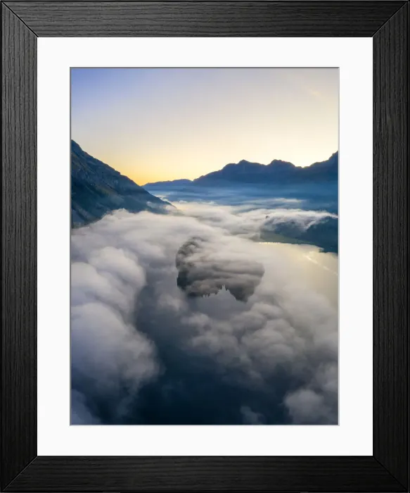 Framed Print : Lake Silvaplana and Sils hidden by the autumnal fog at dawn, aerial view by drone Framed Print : Lake Silvaplana and Sils hidden by the autumnal fog at dawn, aerial view by drone