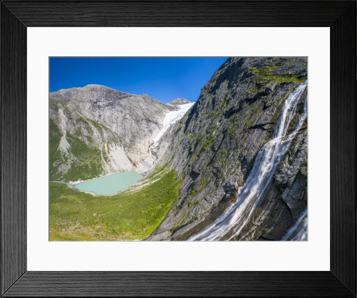 Framed Print : Aerial panoramic by drone of waterfall above Briksdalsbreen glacier, Loen, Jostedalsbreen Framed Print : Aerial panoramic by drone of waterfall above Briksdalsbreen glacier, Loen, Jostedalsbreen