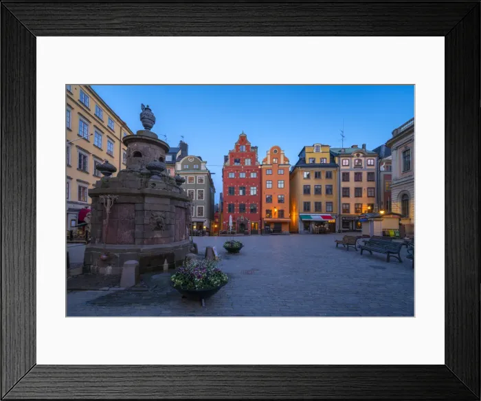 Framed Print : Dusk over the colorful facades of townhouses in the medieval Stortorget Square, Gamla Framed Print : Dusk over the colorful facades of townhouses in the medieval Stortorget Square, Gamla