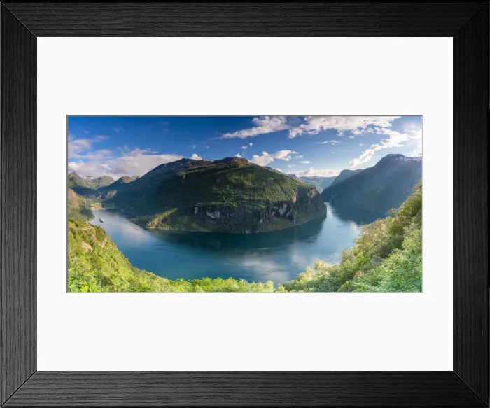 Framed Print : Panoramic of Geirangerfjord, UNESCO World Heritage Site, from the elevated Ornesvingen Framed Print : Panoramic of Geirangerfjord, UNESCO World Heritage Site, from the elevated Ornesvingen