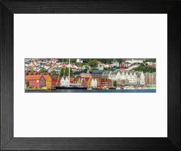 Framed Print : Panoramic of the multi coloured facades of buildings in Bryggen, UNESCO World Heritage Framed Print : Panoramic of the multi coloured facades of buildings in Bryggen, UNESCO World Heritage