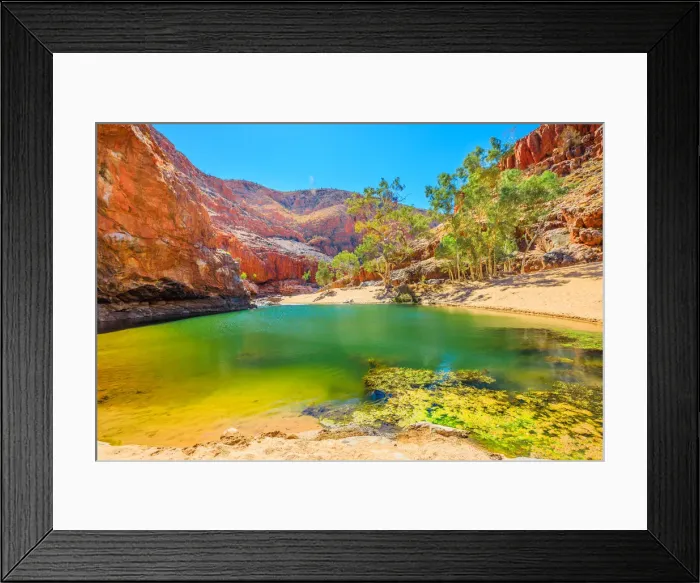 Framed Print : Landscape of Ormiston Gorge Water Hole with ghost gum in West MacDonnell Ranges, Northern Framed Print : Landscape of Ormiston Gorge Water Hole with ghost gum in West MacDonnell Ranges, Northern