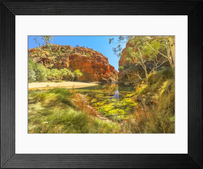 Framed Print : Panoramic view of Ellery Creek Big Hole waterhole in West MacDonnell Ranges surrounded Framed Print : Panoramic view of Ellery Creek Big Hole waterhole in West MacDonnell Ranges surrounded