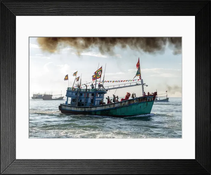 Framed Print : A fishing trawler at sea, taking part in the annual whale festival, with a lion dance Framed Print : A fishing trawler at sea, taking part in the annual whale festival, with a lion dance