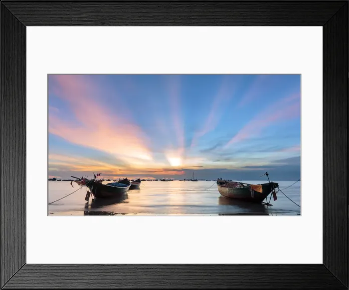 Framed Print : Sunset from Front beach, Vung Tau with pink clouds and small fishing boats in Framed Print : Sunset from Front beach, Vung Tau with pink clouds and small fishing boats in