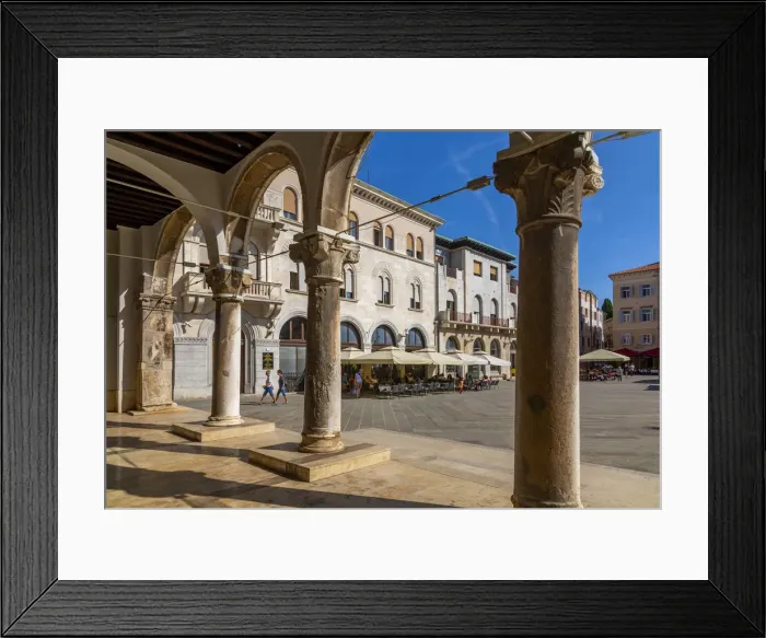 Framed Print : View of cafes from arches of the Town Hall in Forum Square, Pula, Istria County, Croatia Framed Print : View of cafes from arches of the Town Hall in Forum Square, Pula, Istria County, Croatia