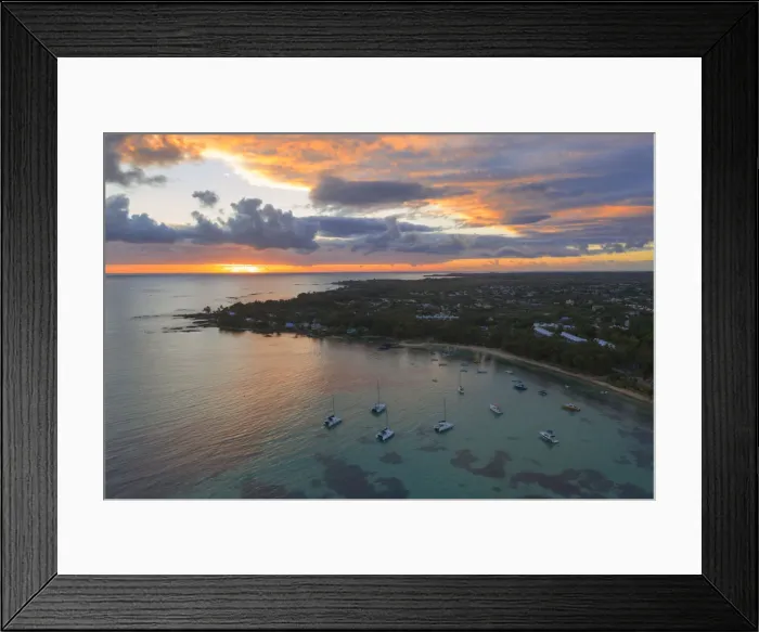 Framed Print : Orange sky at sunrise over the tropical beach and lagoon, aerial view, Grand Baie Framed Print : Orange sky at sunrise over the tropical beach and lagoon, aerial view, Grand Baie