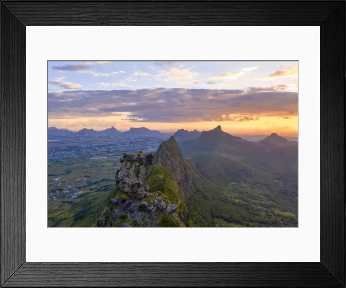 Framed Print : Le Pouce mountain during the African sunset, aerial view, Moka Range, Port Louis Framed Print : Le Pouce mountain during the African sunset, aerial view, Moka Range, Port Louis