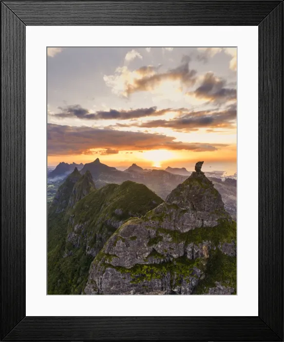Framed Print : Dramatic sky at sunset over Pieter Both and Le Pouce mountain, aerial view, Moka Range Framed Print : Dramatic sky at sunset over Pieter Both and Le Pouce mountain, aerial view, Moka Range