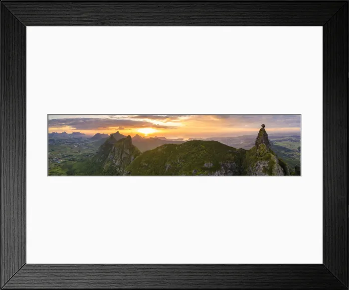 Framed Print : Aerial panoramic of sunset over Le Pouce and Pieter Both mountains, Moka Range, Port Framed Print : Aerial panoramic of sunset over Le Pouce and Pieter Both mountains, Moka Range, Port