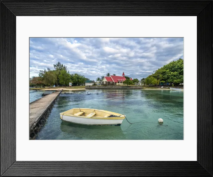 Framed Print : Boat moored in the sea surrounding the Notre Dame Auxiliatrice Church, Cap Malheureux Framed Print : Boat moored in the sea surrounding the Notre Dame Auxiliatrice Church, Cap Malheureux