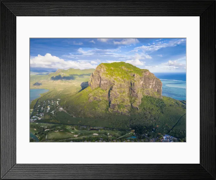 Framed Print : Aerial view of the majestic mountain overlooking the ocean, Le Morne Brabant peninsula Framed Print : Aerial view of the majestic mountain overlooking the ocean, Le Morne Brabant peninsula