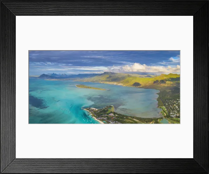 Framed Print : Aerial panoramic of turquoise lagoon surrounding Aux Benitiers and La Gaulette, Le Framed Print : Aerial panoramic of turquoise lagoon surrounding Aux Benitiers and La Gaulette, Le