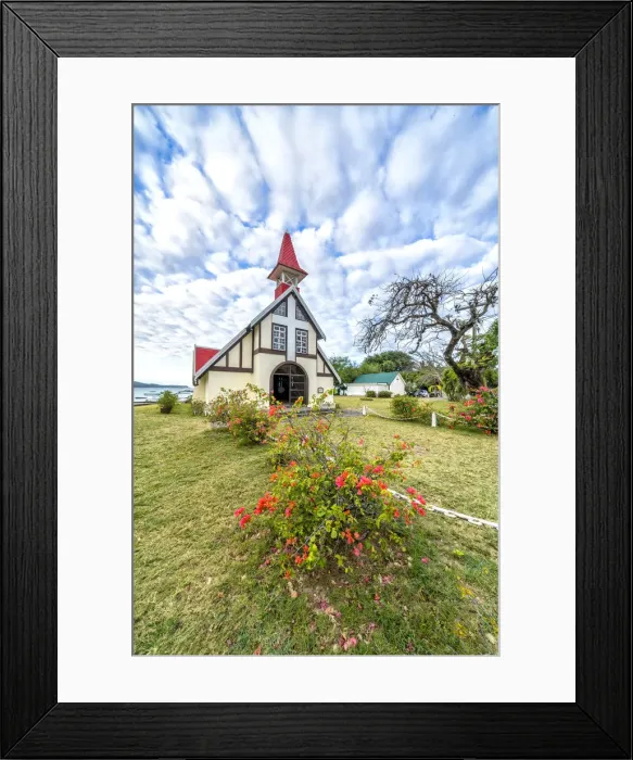 Framed Print : Clouds over the red roof of Notre Dame Auxiliatrice Church, Cap Malheureux, Mauritius Framed Print : Clouds over the red roof of Notre Dame Auxiliatrice Church, Cap Malheureux, Mauritius