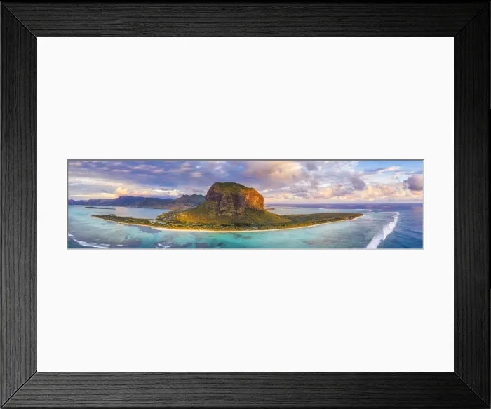 Framed Print : Aerial panoramic of Le Morne Brabant peninsula and turquoise coral reef at sunset Framed Print : Aerial panoramic of Le Morne Brabant peninsula and turquoise coral reef at sunset