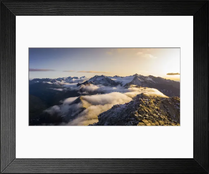 Framed Print : Aerial panoramic of low clouds covering Corno Tre Signori, Pizzo Tresero and Punta Framed Print : Aerial panoramic of low clouds covering Corno Tre Signori, Pizzo Tresero and Punta